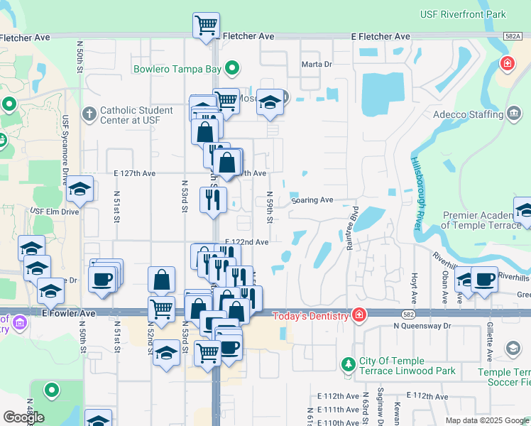 map of restaurants, bars, coffee shops, grocery stores, and more near 12216 North 59th Street in Tampa