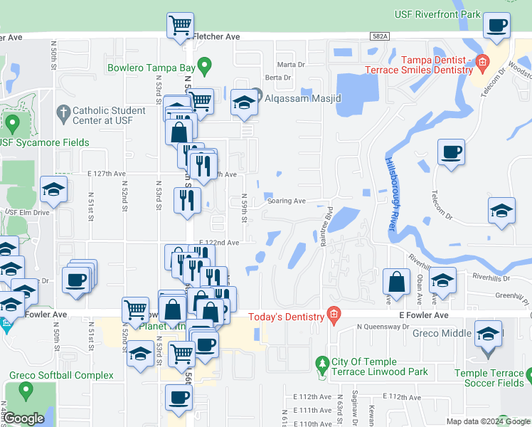 map of restaurants, bars, coffee shops, grocery stores, and more near 6001 Laketree Lane in Temple Terrace