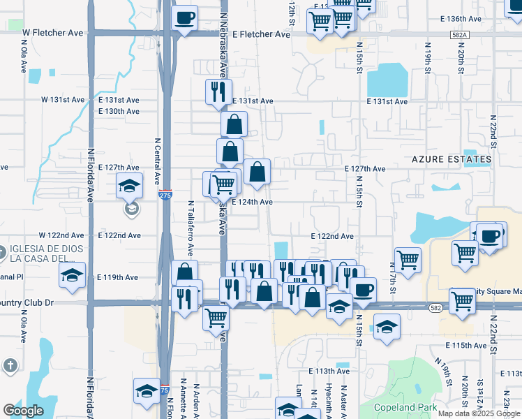map of restaurants, bars, coffee shops, grocery stores, and more near 12211 North 9th Street in Tampa