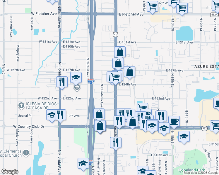 map of restaurants, bars, coffee shops, grocery stores, and more near 815 East 123rd Avenue in Tampa