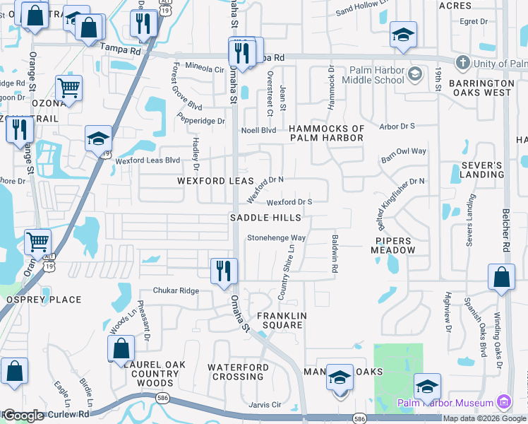 map of restaurants, bars, coffee shops, grocery stores, and more near 1366 Saddle Court in Palm Harbor