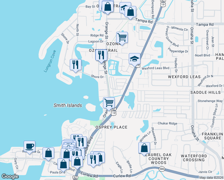 map of restaurants, bars, coffee shops, grocery stores, and more near 125 Chaffee Street in Palm Harbor