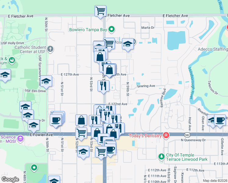 map of restaurants, bars, coffee shops, grocery stores, and more near 5641 Ashley Oaks Drive in Tampa