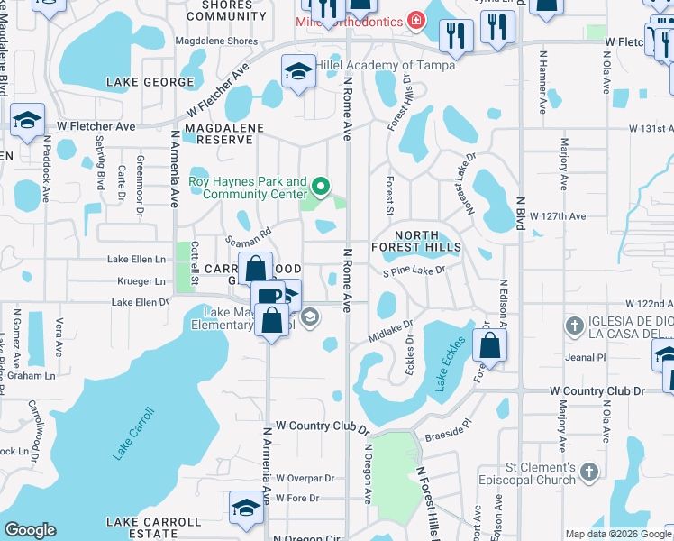 map of restaurants, bars, coffee shops, grocery stores, and more near 12308 North Rome Avenue in Tampa