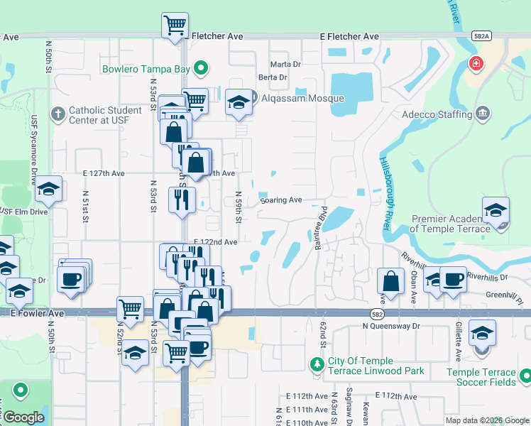 map of restaurants, bars, coffee shops, grocery stores, and more near 6002 Laketree Lane in Tampa