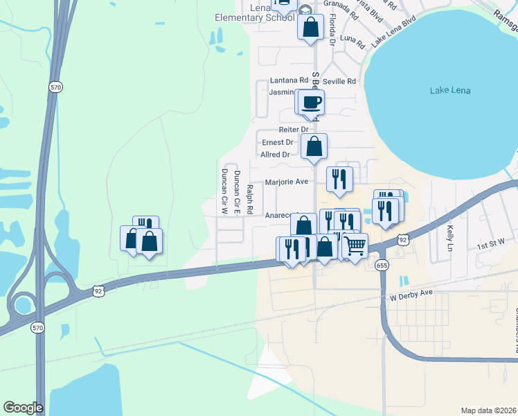 map of restaurants, bars, coffee shops, grocery stores, and more near 127 Anarece Avenue in Auburndale