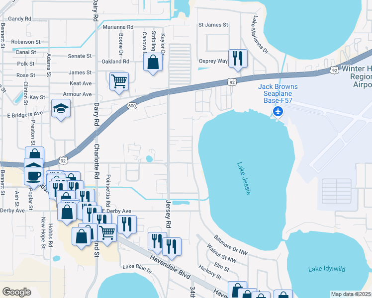 map of restaurants, bars, coffee shops, grocery stores, and more near 752 Lake Jessie Drive in Winter Haven