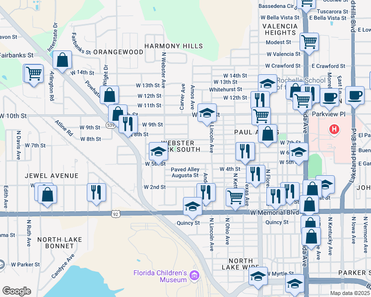 map of restaurants, bars, coffee shops, grocery stores, and more near 1330 North Lincoln Avenue in Lakeland