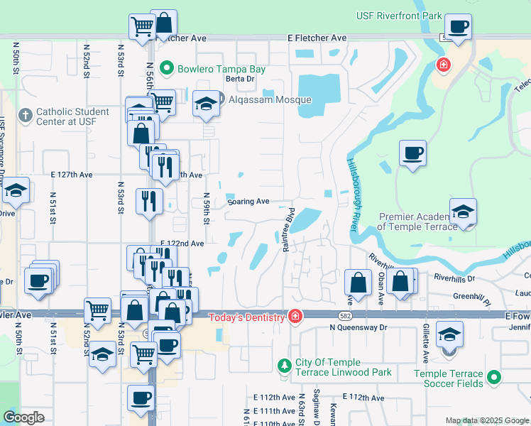 map of restaurants, bars, coffee shops, grocery stores, and more near 6012 Soaring Avenue in Tampa