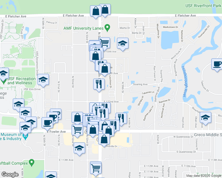 map of restaurants, bars, coffee shops, grocery stores, and more near 12425 Touchton Drive in Tampa
