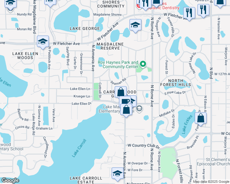 map of restaurants, bars, coffee shops, grocery stores, and more near 2110 Seaman Road in Tampa