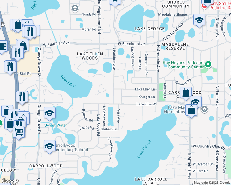map of restaurants, bars, coffee shops, grocery stores, and more near 3003 Lake Ellen Lane in Tampa