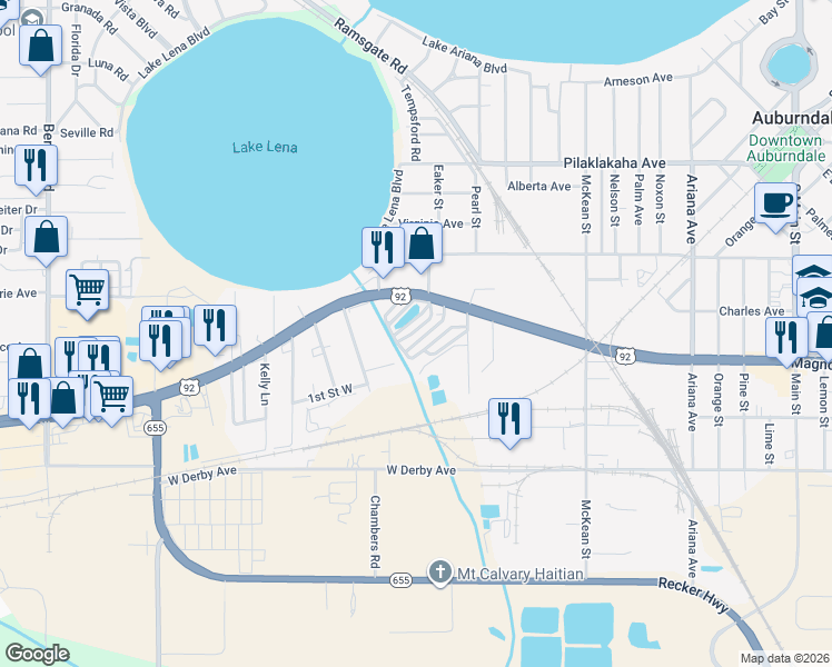 map of restaurants, bars, coffee shops, grocery stores, and more near 1311 U.S. 92 in Auburndale