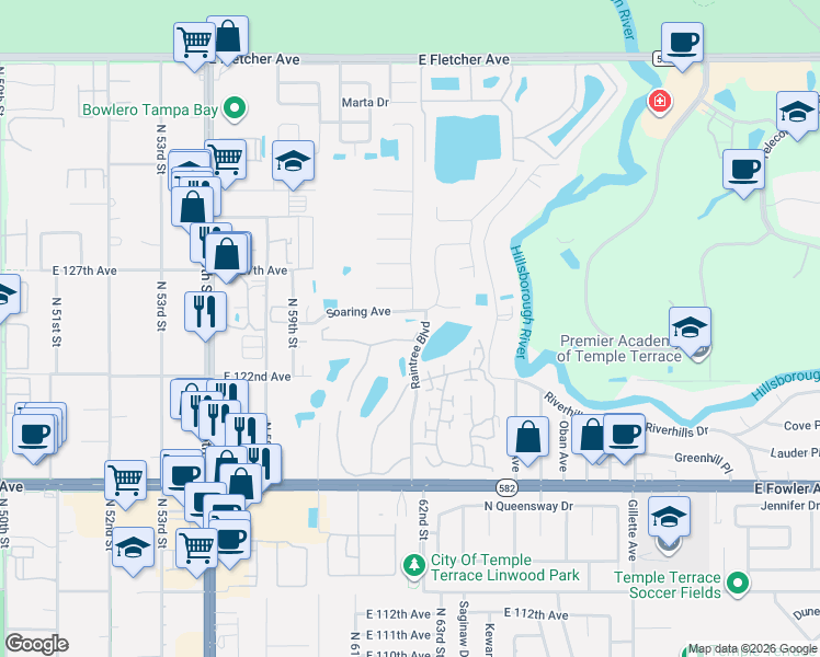 map of restaurants, bars, coffee shops, grocery stores, and more near 6112 Soaring Avenue in Tampa