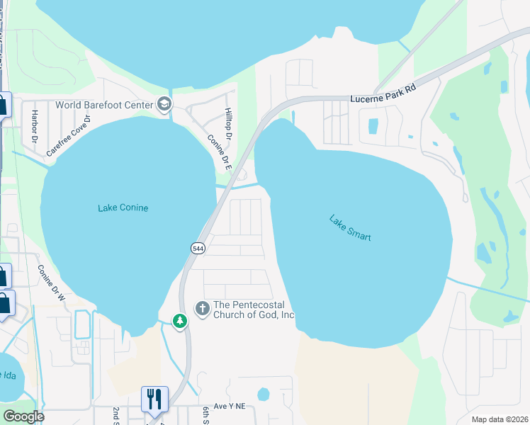map of restaurants, bars, coffee shops, grocery stores, and more near 360 Winter Ridge Boulevard in Winter Haven