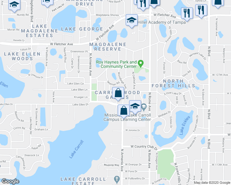 map of restaurants, bars, coffee shops, grocery stores, and more near 12179 Armenia Gables Circle in Tampa