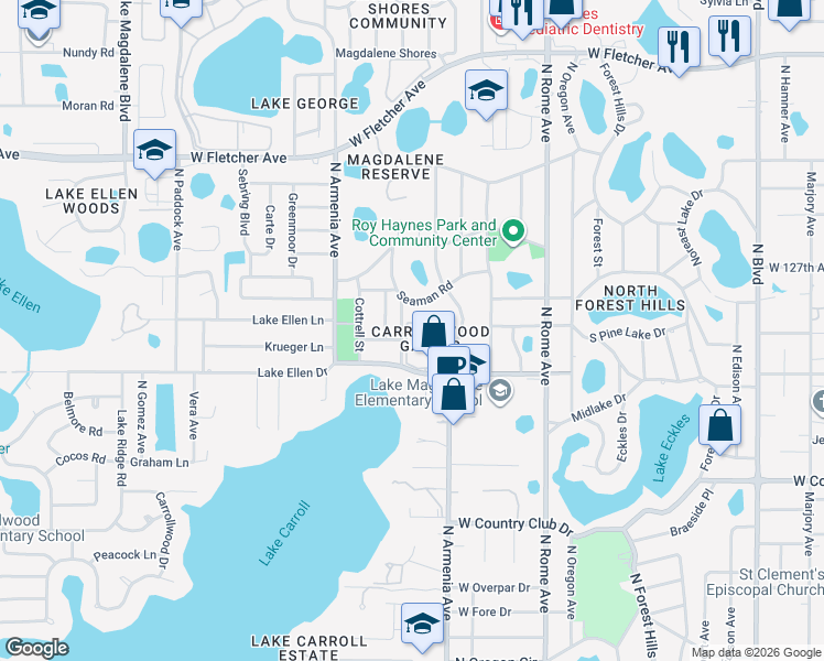 map of restaurants, bars, coffee shops, grocery stores, and more near 2110 Seaman Road in Tampa