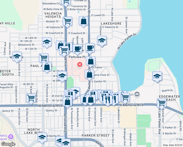 map of restaurants, bars, coffee shops, grocery stores, and more near 515 El Paseo in Lakeland