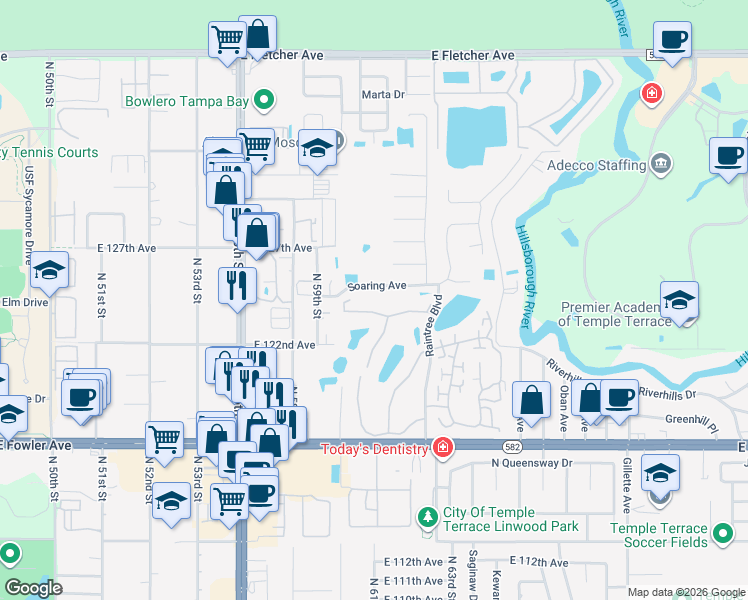 map of restaurants, bars, coffee shops, grocery stores, and more near 6004 Laketree Lane in Temple Terrace