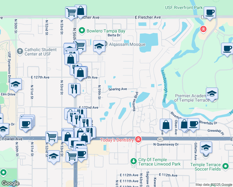 map of restaurants, bars, coffee shops, grocery stores, and more near 6012 Soaring Avenue in Tampa