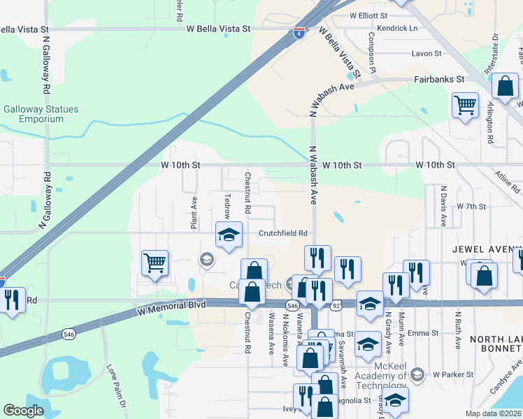 map of restaurants, bars, coffee shops, grocery stores, and more near 2321 Chestnut Hills Drive in Lakeland