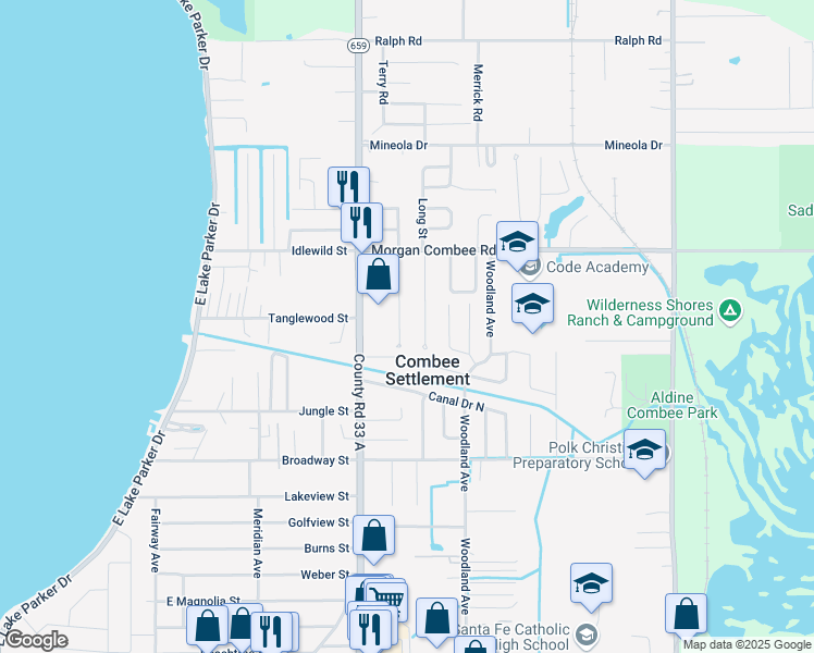 map of restaurants, bars, coffee shops, grocery stores, and more near 1225 Pleasant Place in Lakeland