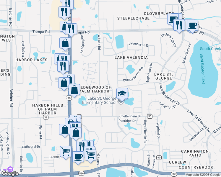 map of restaurants, bars, coffee shops, grocery stores, and more near 2767 Vanessa Lane in Palm Harbor