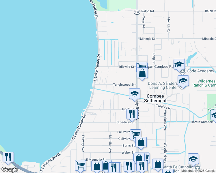 map of restaurants, bars, coffee shops, grocery stores, and more near 2345 Tanglewood Street in Lakeland
