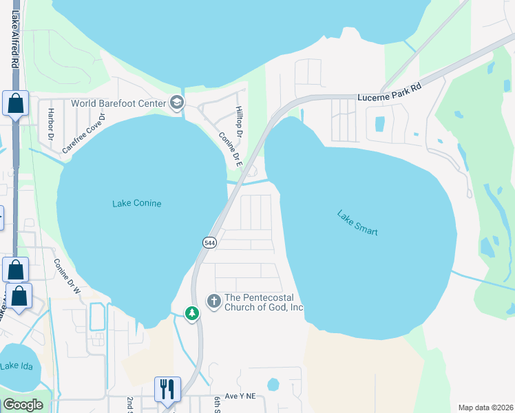 map of restaurants, bars, coffee shops, grocery stores, and more near 360 Winter Ridge Boulevard in Winter Haven