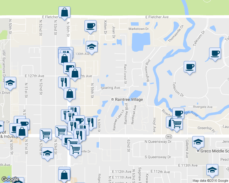 map of restaurants, bars, coffee shops, grocery stores, and more near 6012 Soaring Avenue in Tampa