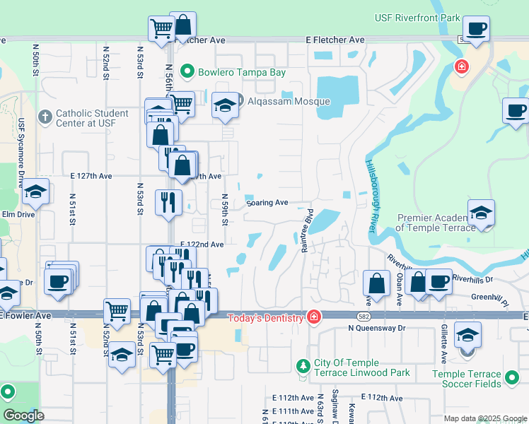 map of restaurants, bars, coffee shops, grocery stores, and more near 6012 Soaring Avenue in Tampa