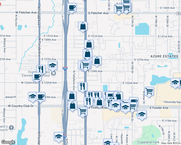map of restaurants, bars, coffee shops, grocery stores, and more near 12401 North Nebraska Avenue in Tampa