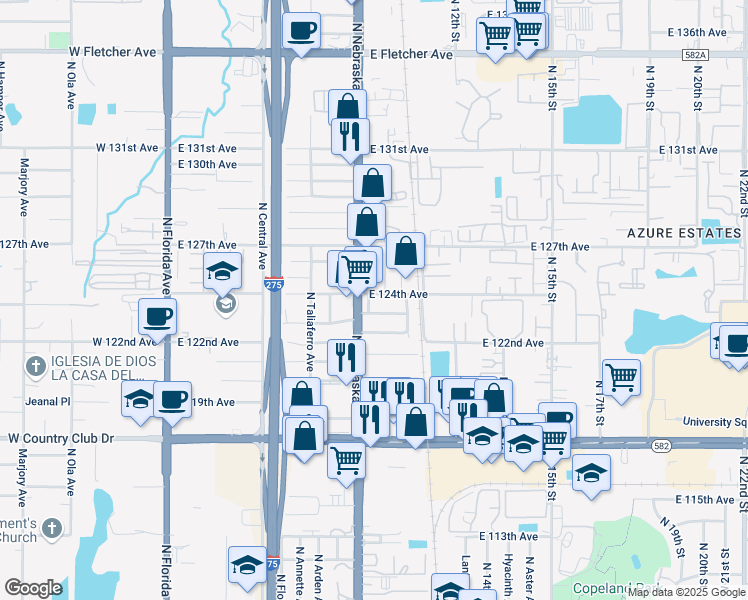 map of restaurants, bars, coffee shops, grocery stores, and more near 12401 North Nebraska Avenue in Tampa