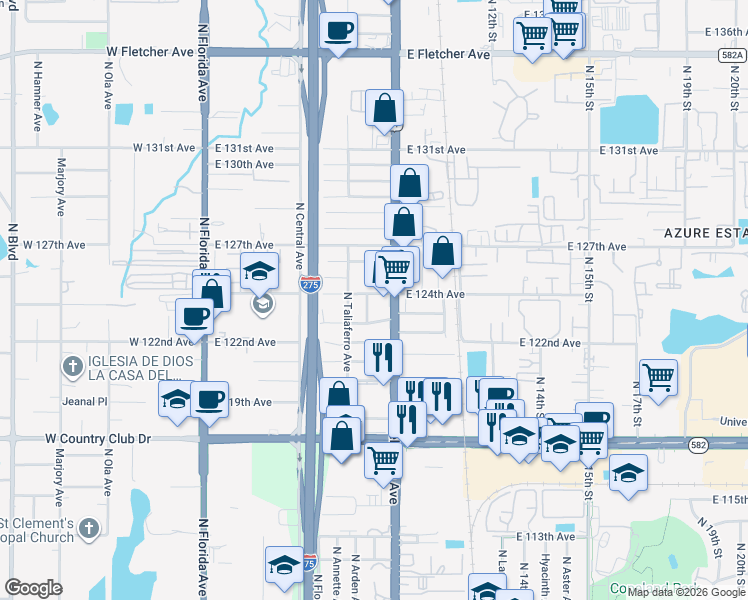 map of restaurants, bars, coffee shops, grocery stores, and more near 815 East 125th Avenue in Tampa
