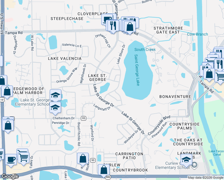 map of restaurants, bars, coffee shops, grocery stores, and more near 3320 Kavalier Drive in Palm Harbor