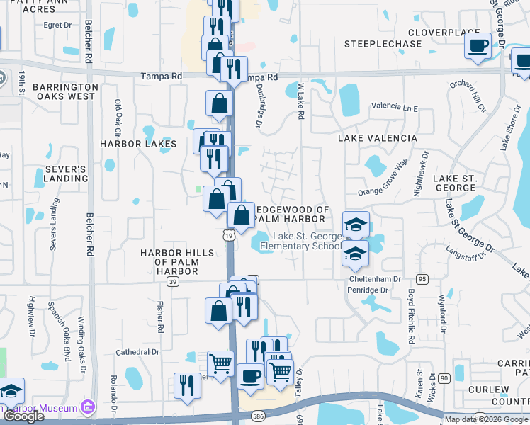 map of restaurants, bars, coffee shops, grocery stores, and more near 2609 2nd Court in Palm Harbor