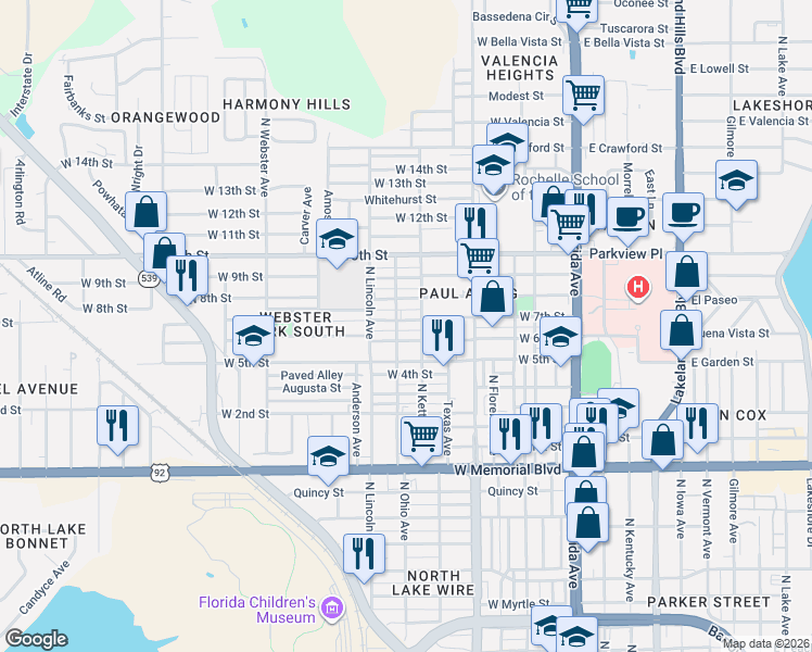 map of restaurants, bars, coffee shops, grocery stores, and more near 648 West 8th Street in Lakeland