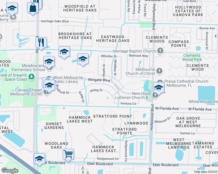 map of restaurants, bars, coffee shops, grocery stores, and more near 2646 Bradfordt Drive in Melbourne