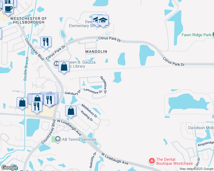 map of restaurants, bars, coffee shops, grocery stores, and more near 11807 Derbyshire Drive in Tampa