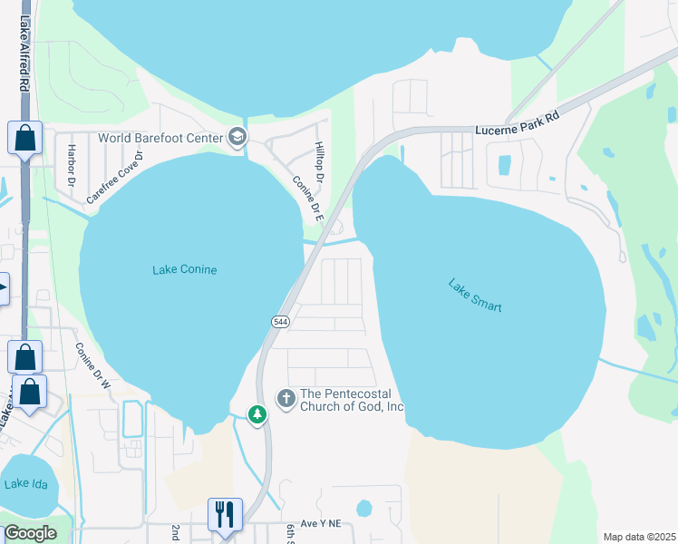 map of restaurants, bars, coffee shops, grocery stores, and more near 384 Winter Ridge Boulevard in Winter Haven