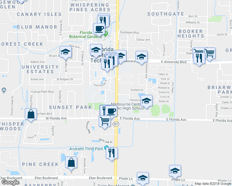 map of restaurants, bars, coffee shops, grocery stores, and more near 3350 S Babcock St in Melbourne