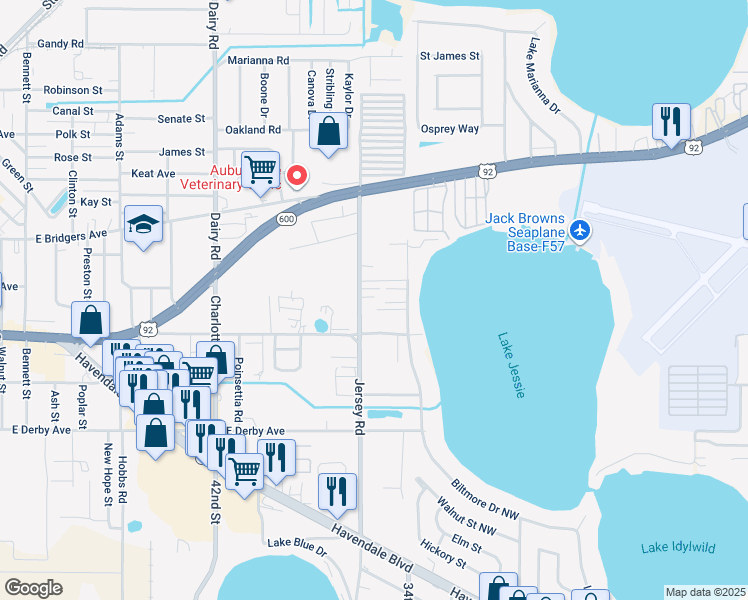 map of restaurants, bars, coffee shops, grocery stores, and more near 2932 Jersey Road in Winter Haven