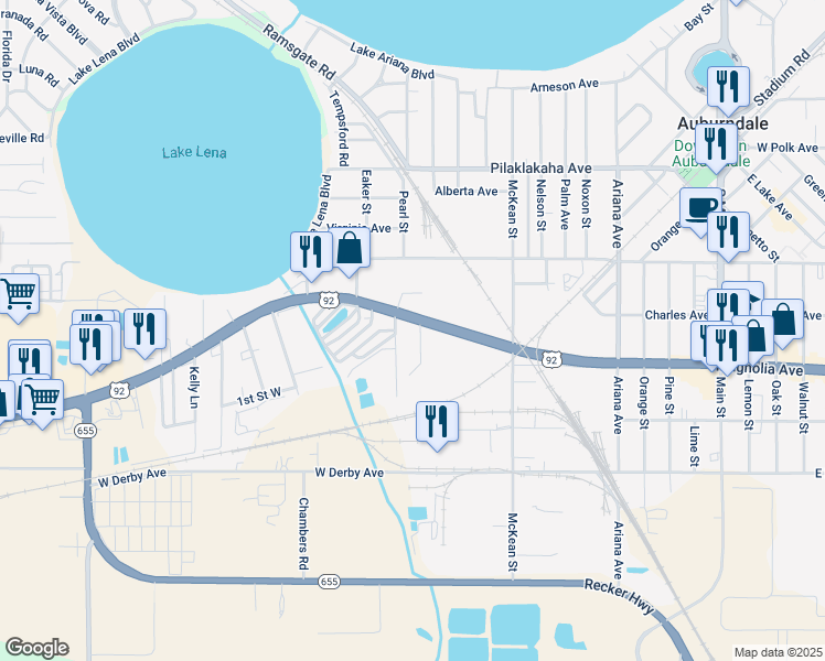 map of restaurants, bars, coffee shops, grocery stores, and more near 1101 U.S. 92 in Auburndale