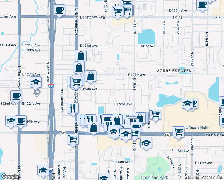 map of restaurants, bars, coffee shops, grocery stores, and more near 1206 East 124th Avenue in Tampa