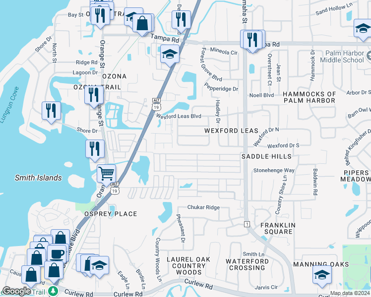 map of restaurants, bars, coffee shops, grocery stores, and more near 940 Cortland Way in Palm Harbor