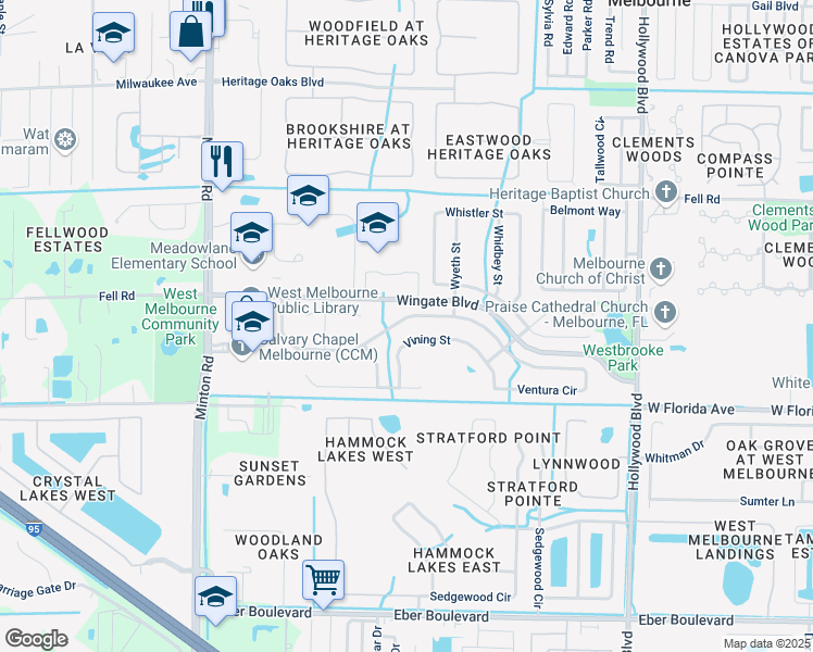 map of restaurants, bars, coffee shops, grocery stores, and more near 2673 Bradfordt Drive in Melbourne