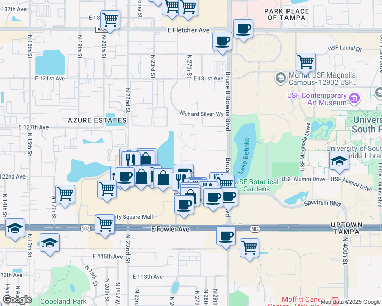map of restaurants, bars, coffee shops, grocery stores, and more near 2705 Campus Hill Drive in Tampa