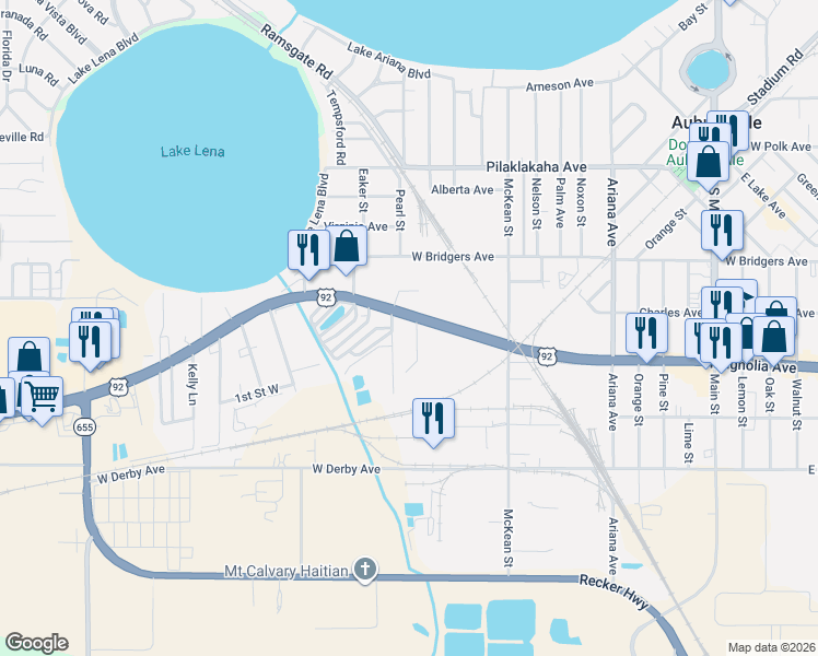 map of restaurants, bars, coffee shops, grocery stores, and more near 1101 U.S. 92 in Auburndale