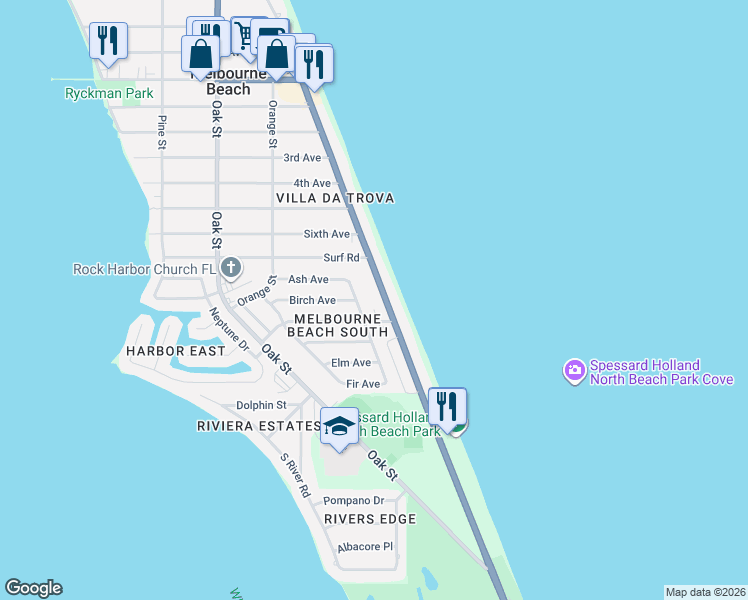 map of restaurants, bars, coffee shops, grocery stores, and more near 1708 Atlantic Street in Melbourne Beach