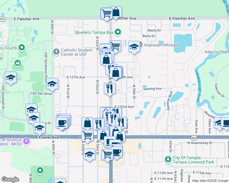 map of restaurants, bars, coffee shops, grocery stores, and more near 5601 Ashley Oaks Drive in Tampa